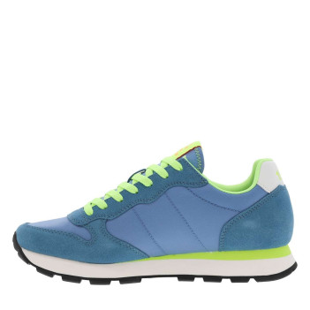 Baskets running bleues et jaunes fluorescentes à semelle plate blanche