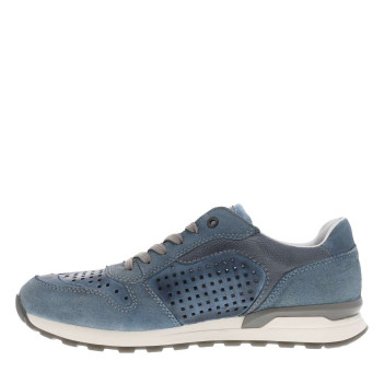 Sneakers en cuir bleu à talon plat et à lacets plats gris avec trous d'aération