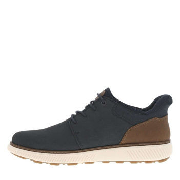 Sneakers en cuir marine à lacets élastiqués avec logo marron et semelle écrue