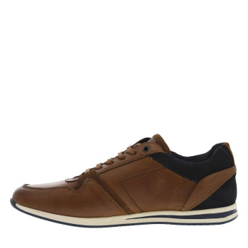 Baskets basses en cuir cognac et marine avec lacets plats et zip latéral