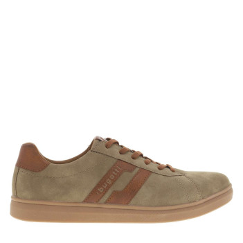 Sneakers taupe à talon plat avec fermeture à lacets et logos de la marque