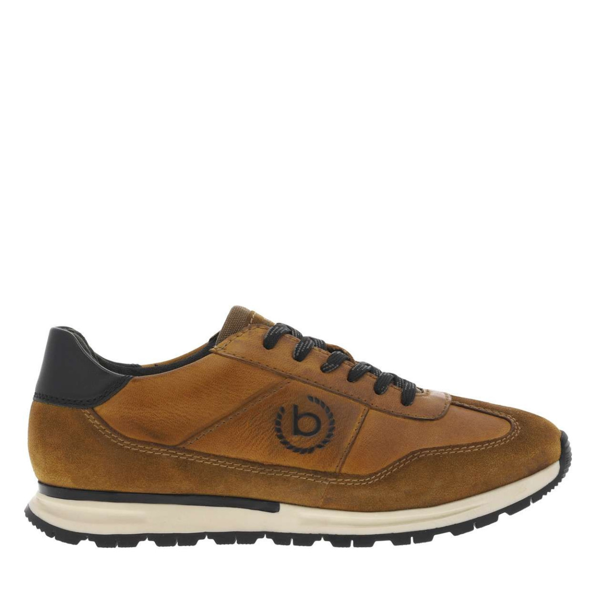 Sneakers en cuir cognac à talon plat avec lacets bicolores et logos de la marque