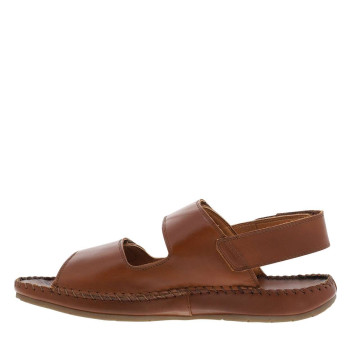 Nu-pieds en cuir cognac à talon plat et à bandes auto-agrippantes