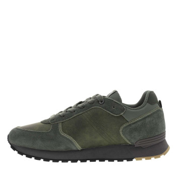 Baskets running en cuir nubuck kaki à talon plat avec des lacets