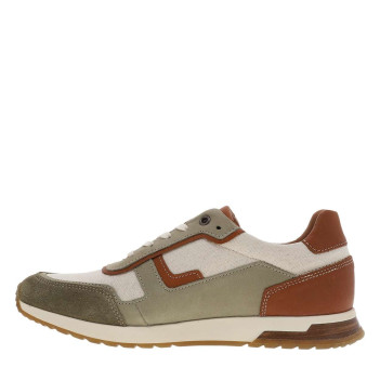 Baskets running en cuir kaki à talon plat avec des lacets écrus