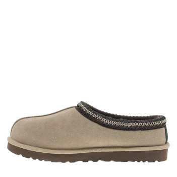 Mules en cuir sable à talon plat avec le col brodé blanche et verte