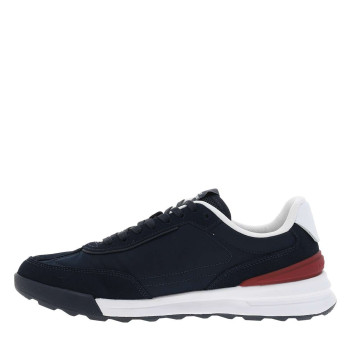 Baskets basses en cuir bleu marine avec logos de la marque et lacets plats