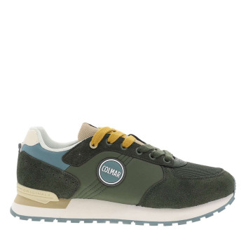 Baskets running kaki en cuir avec un talon plat et des lacets