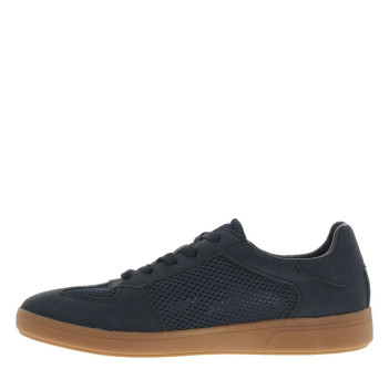 Sneakers en croûte de cuir marine à talon plat et à lacets plats ton sur ton