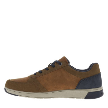 Sneakers en croûte de cuir cognac plates à lacets plats avec contrefort marine