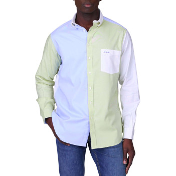 Chemise en coton biologique verte, blanche et bleue unie avec une coupe droite