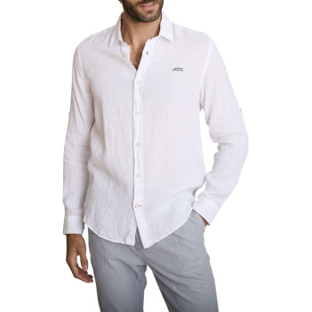 Chemise en lin blanc à coupe droite pourvue d'un col à revers
