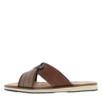 Mules cognac avec un talon plat et munies de sangles croisées