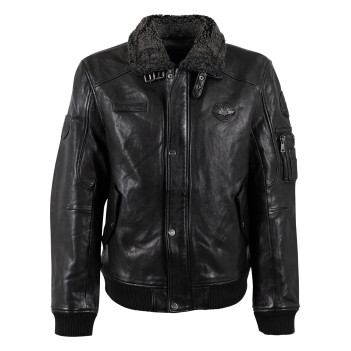 Blouson en cuir de mouton noir uni à coupe droite avec un col sherpa boutonné
