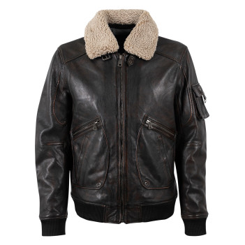 Blouson en cuir de mouton marron à coupe droite pourvu d'un col à revers