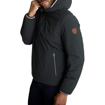 Blouson réversible bleu et gris doté d'une capuche réversible à coupe droite